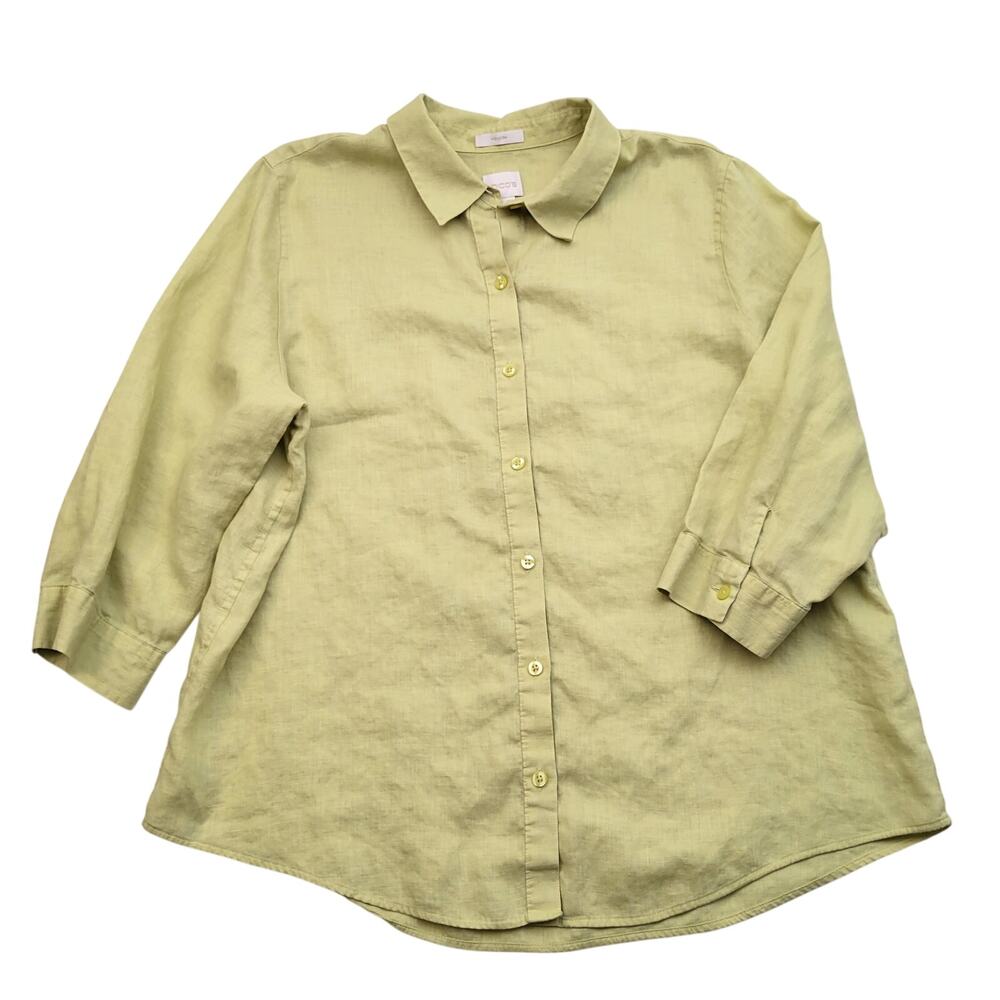 Chico's No-Iron 100% Linen Button Up Shirt 2.5 Large Chartreuse Green 3/4 Sleeve